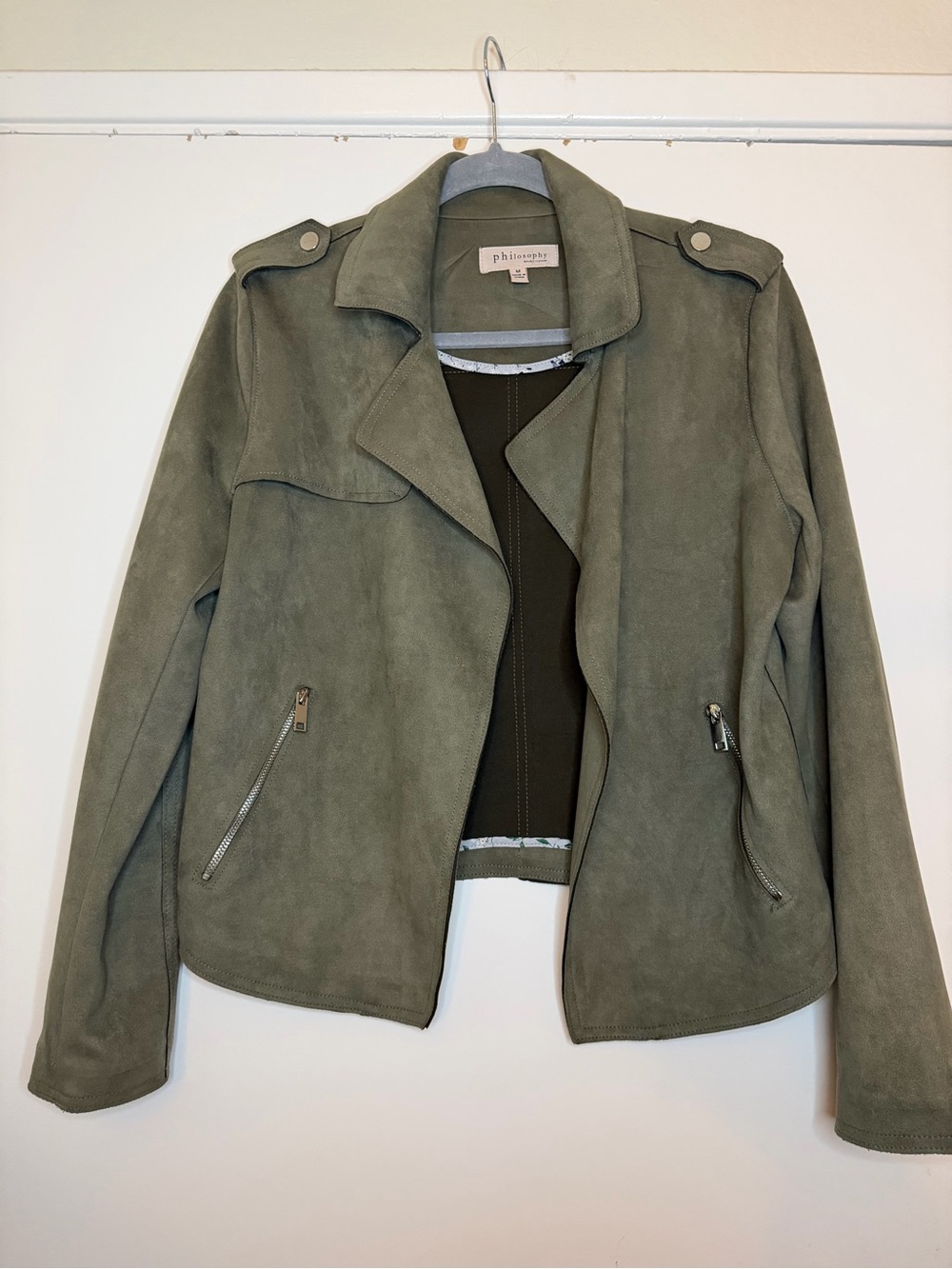 philosophy Olive Green Suede Moto Jacket size M